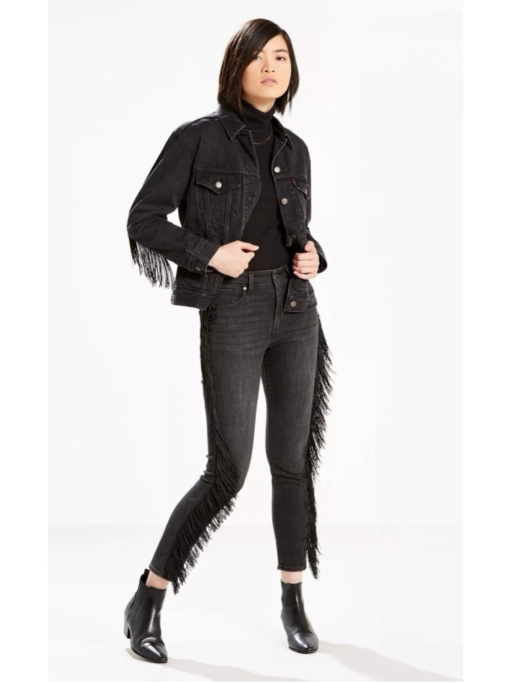 Levis 721 Jeans Women 28 Black High Rise Skinny Ankle Fringe Boho Western Denim